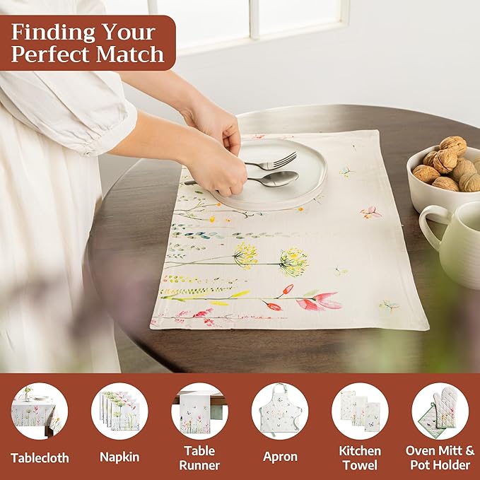 Maison d' Hermine Placemats Set of 4 100% Cotton Washable Cloth Place Mats Reusable Table Mats for Kitchen Dining Party Wedding Gifts for Mothers Day Spring/Summer (Botanical Fresh, 13" x 19")