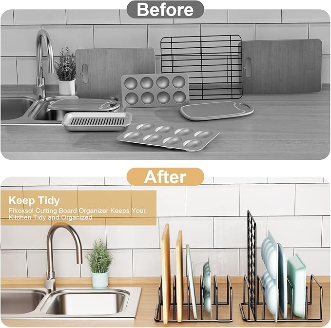 Fikoksol Cutting Board Organizer and Baking Sheet Rack, [2-Pack] Black Heavy Duty Metal Cookie Sheet Organizer for Cutting Board Storage & Plate Holder for Cabinet, Tray Dividers for Cabinets