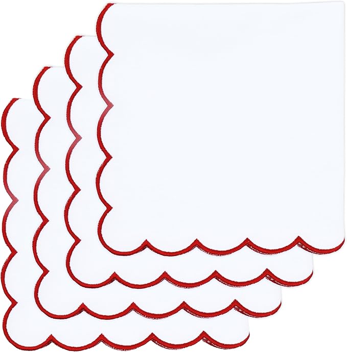 PurpleEssences Scalloped Embroidery Cloth Napkins - Spring Easter Summer - Table Decor - 100% Cotton - Set of 4-18x18 inch - White - Edges - Red