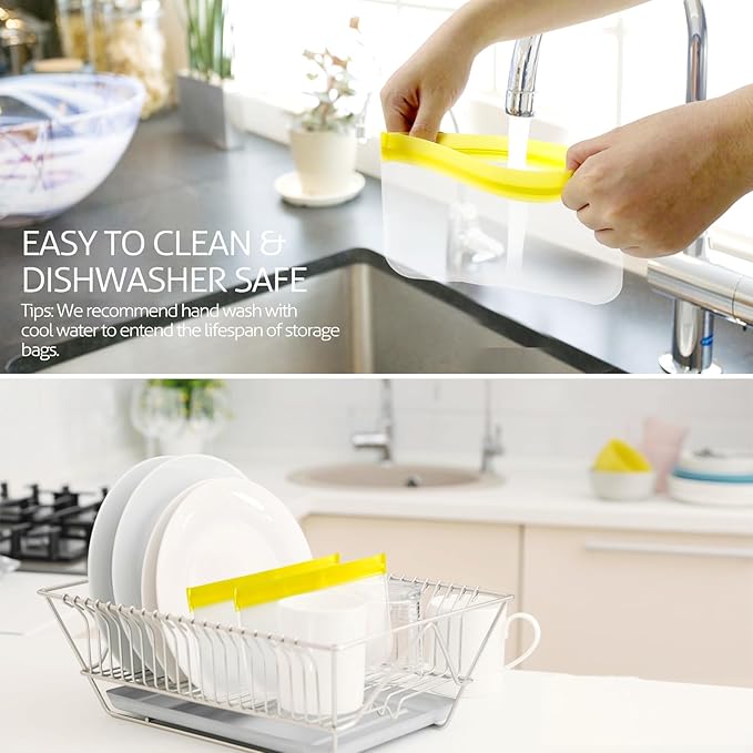Reusable Snack Bags, 10 Pack 8.7x5.3 Inch Dishwasher Safe Silicone Food Storage Bags for Marinating Meats, Sandwich, Cereal (Yellow)