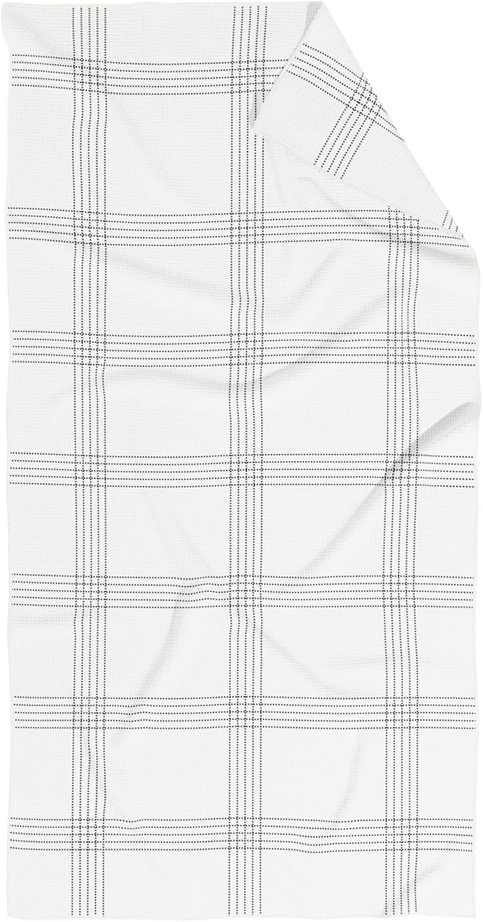 HALL & PERRY Kitchen Tea Towel, Ultra Soft, Quick Dry Microfiber Dish Cloths - 18"x30" Premium Quality Waffle Towel - Stripes and Plaid, White with Black Grid Stripes (1, Elle)