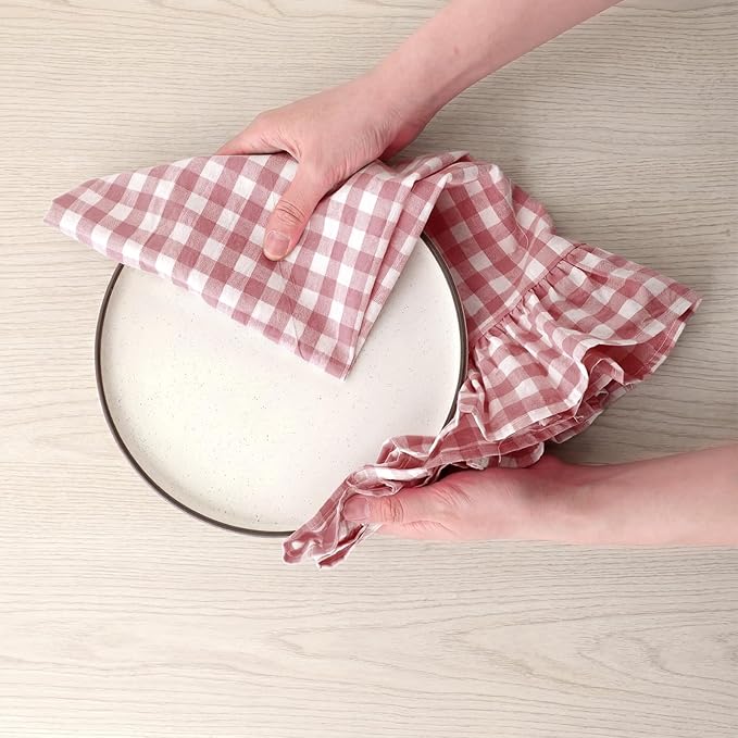 HunnmingRe Pink Kitchen Towels Set of 2, 100% Cotton Ruffled Gingham Dish Towels 18"x28" Absorbent Tea Cloths Classic Plaid Pattern for Farmhouse Charm, Drying Dishes, Entertaining Guests