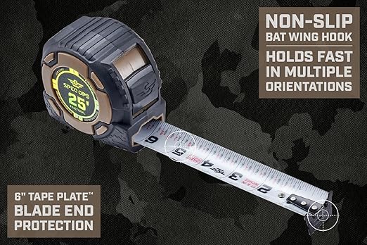 Spec Ops Tools 25-Foot Elite Series Tape Measure, 1 1/4" Double-Sided Blade, Includes Fractional Markings, 12 Feet of Stand Out, Military-Grade Composite Case, 3% Donated to Veterans