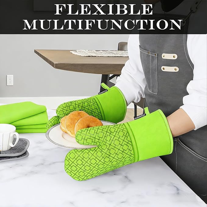 Oven Mitts and Pot Holders Sets 6pcs, Kitchen Oven Glove,High Heat Resistant 550 Degree Extra Long Oven Mitts and Potholders with Non-Slip Silicone Surface for Home Essentials (Grey) (Meadow Green)