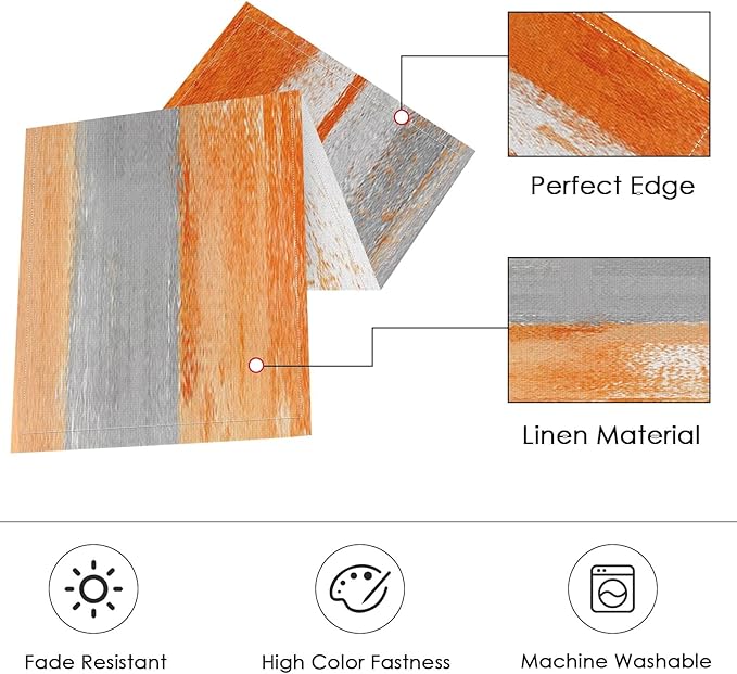 ArtSocket Farmhouse Table Runner and Placemats Set of 6, Abstract Orange Grey Painting Art Dining Decor for Daily Use(1 Table Runner 72 inches Long and 6 Placemats)