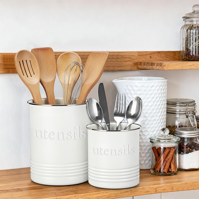 FoldTier 2 Pack Kitchen Utensil Holder for Counter 6.7"+4.7" Farmhouse Cooking Utensil Crock with Cork Bottom Modern Farmhouse Decors Countertop Storage Organizer Caddy Housewarming Gift (White)