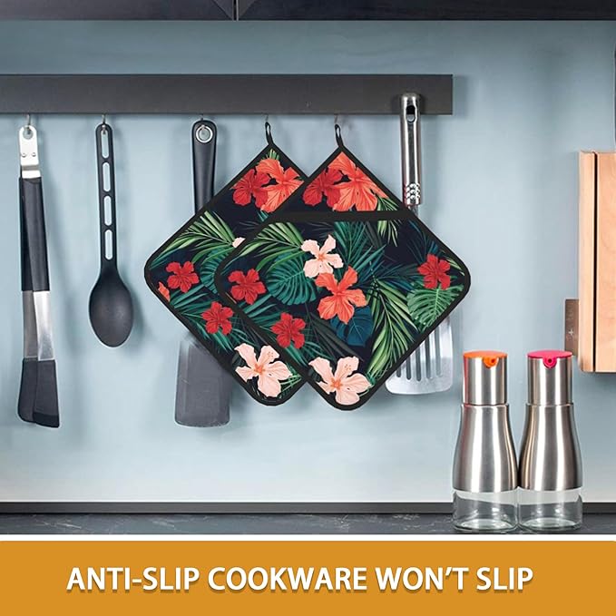 Tropic Hawaiian Hibiscus Flower Pot Holder Set of 2,Heat Resistant Potholders Oven Hot Pads for Kitchen Cooking Baking BBQ