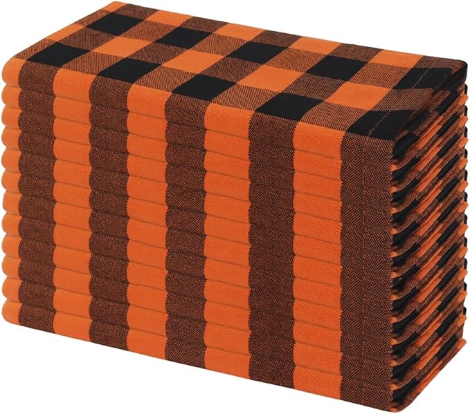 Cloth Napkins Set of 12, 100% Cotton Dinner Napkins 18x18 Inch, Soft Absorbent Gingham Check Napkin for Restaurant, Table Décor, Reusable Washable for Everyday Use - Orange/Black