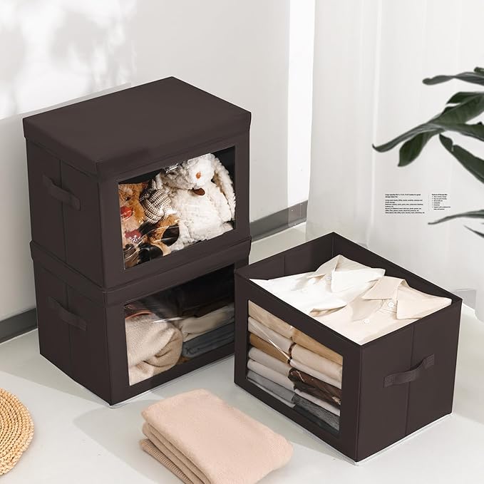 Homsorout Stackable Storage Bins with Lids - Large Decorative Basket with Lids, Fabric Foldable Closet Organizer Bins, Shelf Organizer for Living Room, Dorm, 5 Pack, Brown