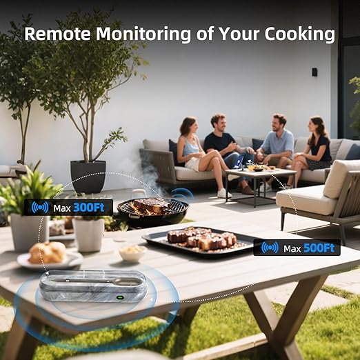 Wireless Meat Thermometer with Unique Stone Texture, Smart APP Control, 500 Ft Remote Range, Dual Alarm, Waterproof Cooking Thermometer Wireless for Grilling, Smoking, Family BBQ, Oven