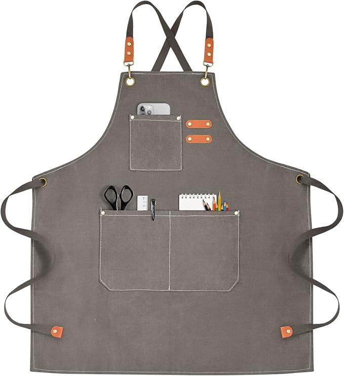 OUNLEN Chef Apron for Men Women Canvas Aprons with 3 Pockets Cross Back Resistant Work Apron for Cooking