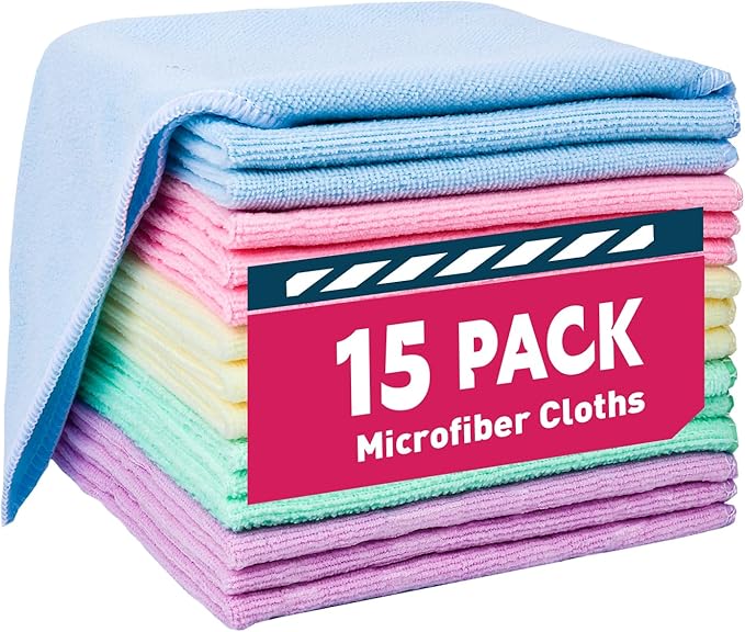 TEAWOO Microfiber Cleaning Cloths-15 Pack, Cleaning Rags, Microfiber Towels for Cars, Home 5 Colors Assorted (12x12 inches)