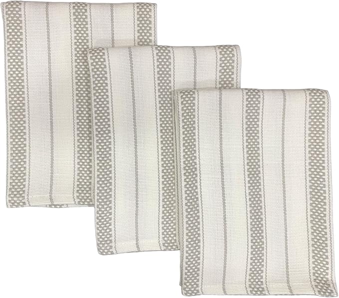Kitchen Towels Set – Pack of 3 (20’’ x 30’’) Extra Large Premium Cotton Dish Towels for Kitchen – Chain Stripe Towels – Absorbent – 100% Cotton – with Hanging Loop – Light Grey
