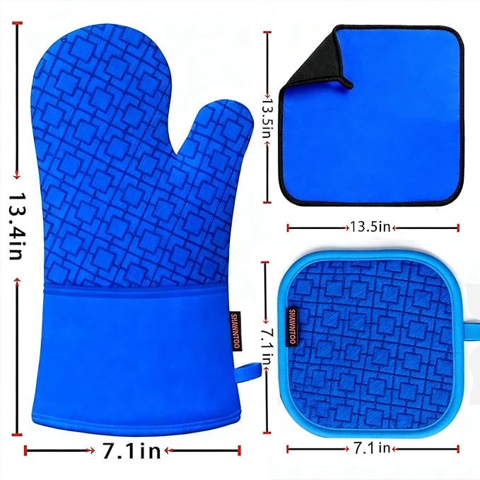 Oven Mitts and Pot Holders Sets 6pcs, Kitchen Oven Glove,High Heat Resistant 550 Degree Extra Long Oven Mitts and Potholders with Non-Slip Silicone Surface for Home Essentials (Grey) (Navy Blue)
