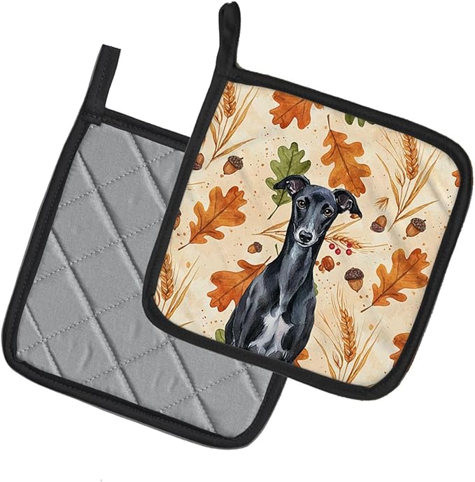 Caroline's Treasures Black Whippet Heirloom Fall Pair of Pot Holders Pair 7.5x7.5 Quilted Insulated Hot Pads Decorative Kitchen Gift Made in USA