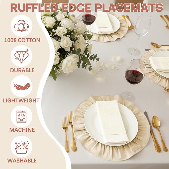 4 Pcs 15 Inch 100% Cotton Scalloped Round Placemats, Thin White Place Mats with Ruffle, Washable Placemats Table Mats for Kitchen Dining Holiday Gatherings Decor