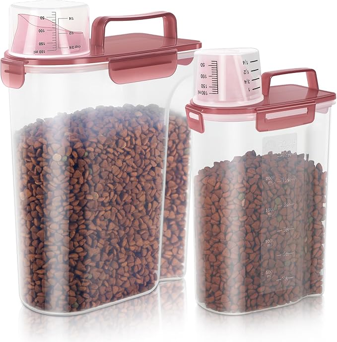 LEAWALK 5-7Lbs Dog Cat Food Storage Container with Upgraded Large Nozzle BPA-free, 4 Snap Seals Plastic Pet Food Storage Containers with Handles (Clear Pink, (5L+3L) 2pack)