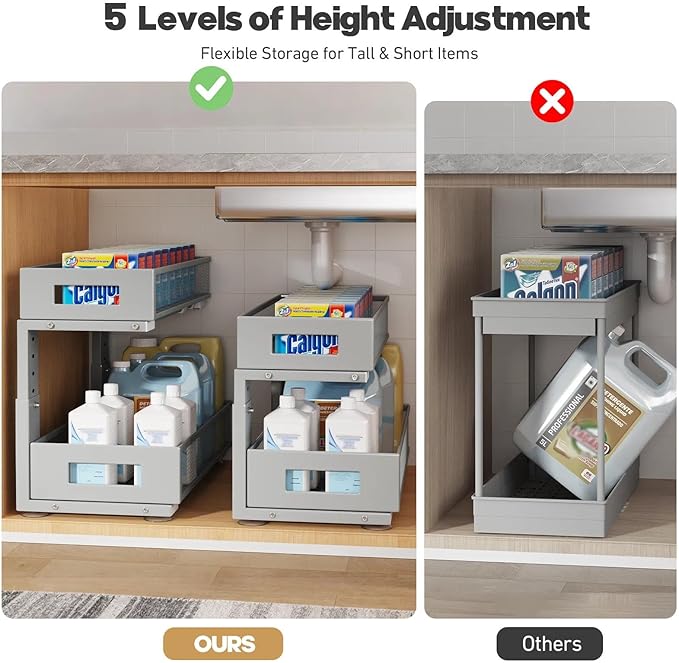 2 Packs 19IN Depth Under Sink Organizer, 2-Tier Pull Out Cabinet Organizer With Smooth Circular Rail, Large Capacity Metal Mesh Sliding Drawers For Bathroom& Kitchen Storage,Height Adjustable–Gun Gray
