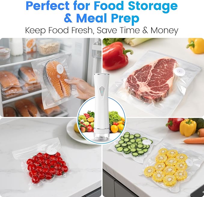 Vacuum Sealer for Food with Visible Tank, Handheld Vacuum Sealer Machine with 30 Reusable Bags for 5X Longer Freshness, Wireless & Portable, White
