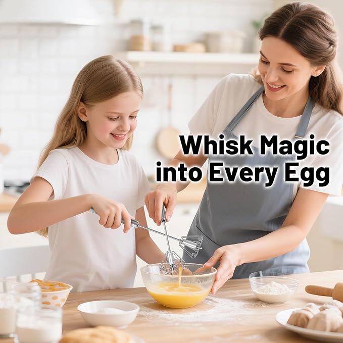 2026 Upgraded Semi-Automatic Stainless Steel Egg Beater – Hand Push Whisk for Baking, Cooking & Stirring – Perfect for Whisking Eggs, Batters & Creams – Effortless Mixing for Quick, Smooth (12in)