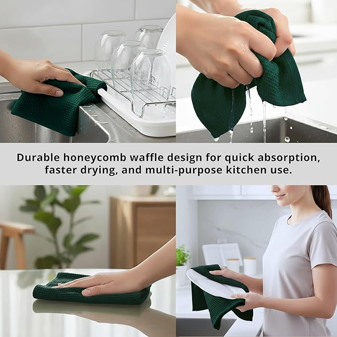 PurpleEssences Waffle Weave Kitchen Towel, 100% Cotton - 15x25 Inches with Hanging Loop, Ultra Soft Absorbent Quick Drying Dish Cloth, Tea and Hand Towels, 6 Pack - Spring Easter Summer - Green