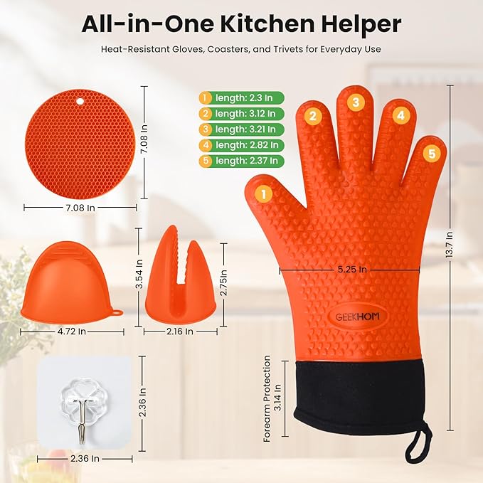 GEEKHOM Silicone Oven Gloves Set 8-Piece: 446°F Heat Resistant with Trivet Mats Pinch Grips Hooks & Kitchen Accessories