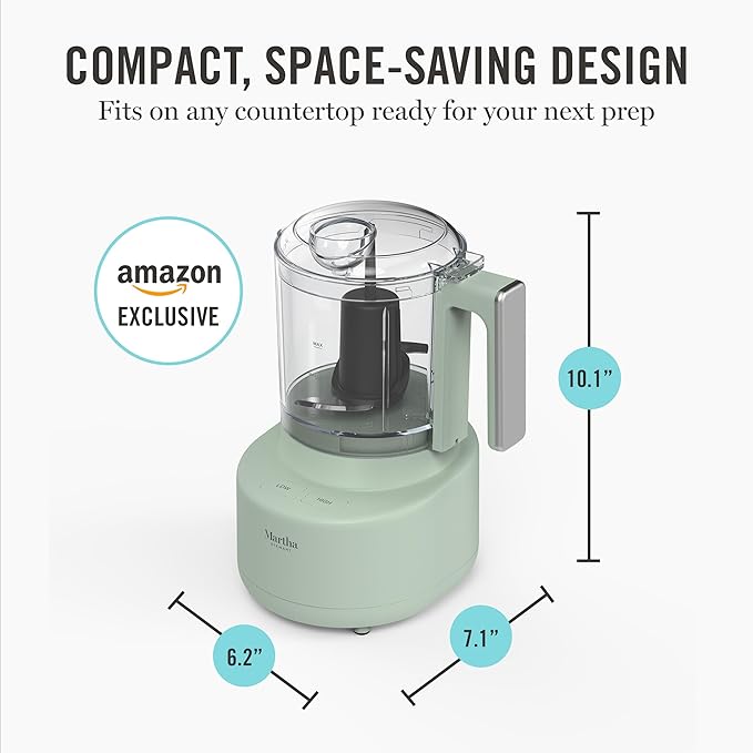 Martha Stewart 3 Cup Food Processor, Electric Vegetable Chopper, Stainless Steel Blades, 24oz BPA-Free Bowl, Pour Spout, Dicing, Mincing, Chop & Puree, Dishwasher Safe, Oil Chute, Easy-Clean, Honeydew