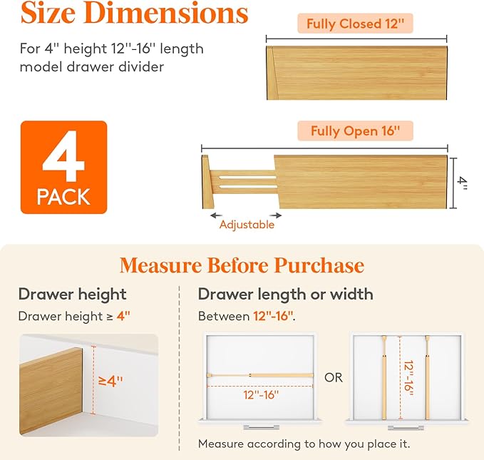 Lifewit 4" High 4 Pack Bamboo Drawer Dividers 31-40cm/12-16 Adjustable Wooden Drawer Organizer for Clothes/Utensils, Expandable Drawer Separator for Dresser/Kitchen/Bedroom/Office Organization