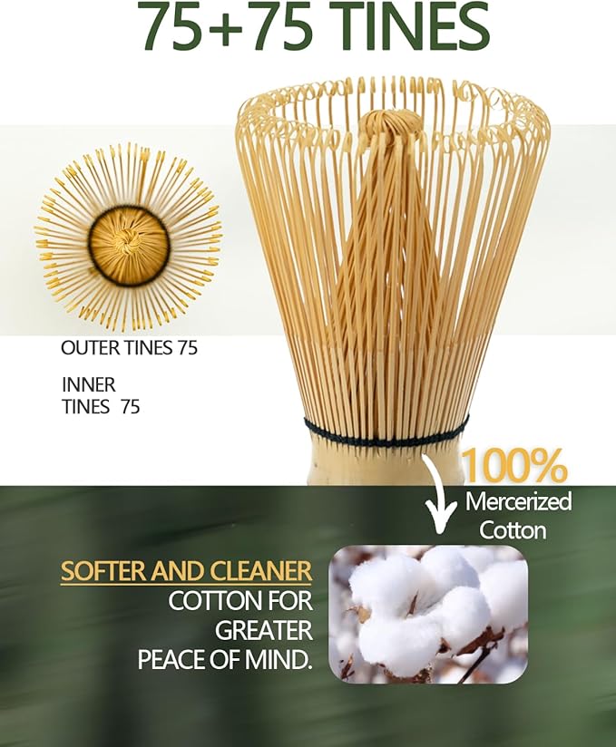 Taruzil Matcha Whisk, Matcha Bamboo Whisk, Matcha Whisks Set for Matcha Powder Handcrafted Organic Traditional Japanese Chasen, 100-Prong Matchas Stirrer Wisk Mixer Brush for Authentic Tea Preparation
