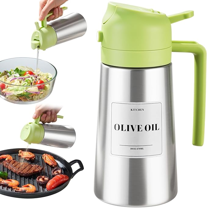 PARACITY Oil Dispenser Bottle with Stainless Steel Shell & Ceramic Sprayed Interior, 2 in 1 Olive Oil Sprayer and Dispenser, Oil Spray Bottle for Cooking, Kitchen, BBQ, Air Fryer, Salad, Baking(Green)