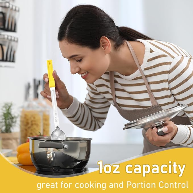Teenyyou 8 Pcs Portion Control Serving Spoons Portion Scoops Cups Solid and Slotted Stainless Steel Ladle Spoon for Food, Serving Utensils Set for Parties (Yellow,1 oz)