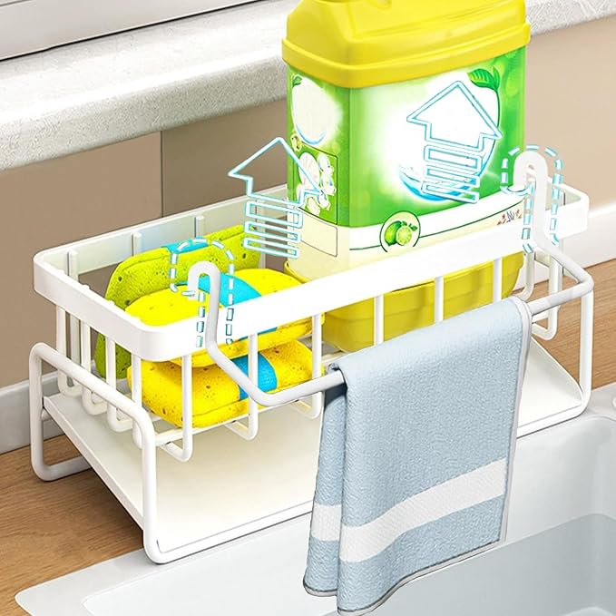 Sponge Holder for Kitchen Sink with Rag Holder, Kitchen Countertop Organizers and Storage Essentials, Rustproof Carbon Steel, Soap Dispenser Organize (White)