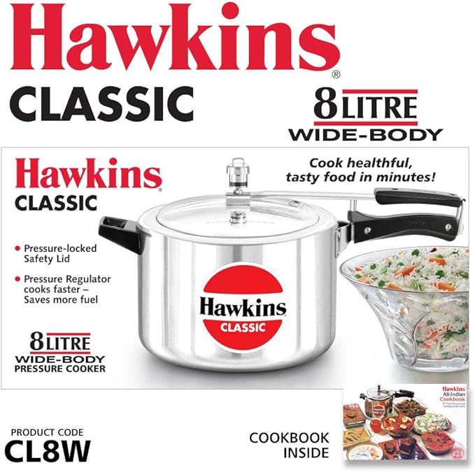 Hawkins Classic 8 Litre Aluminium Inner Lid Pressure Cooker, Wide Design Pan Cooker, Big Cooker, Silver (CL8W)