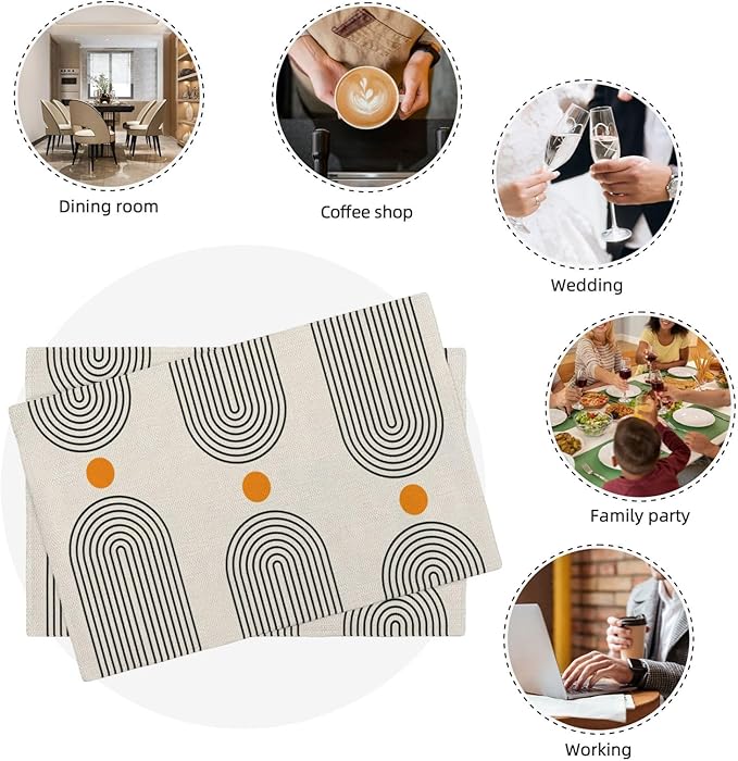 Boho Mid Century Placemats 12x18 Inch Set of 4, Abstract Simple Sun Arch Pattern Table Place Mat Boho Modern Yellow Spot Washable Table Mats Decorative Linen Fabric Table Mat for Dining Table