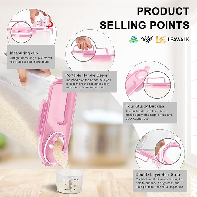 LEAWALK Airtight 10LBS Rice/Cereal/Dry Food Storage Container BPA Free, 5.28Qt Clear Plastic Kitchen and Pantry Organization Bin Suitable for Oats, Flour, Sugar, Pasta, Pet Food, etc (Clear Pink)