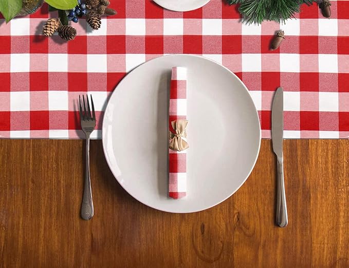 DUOBAO Buffalo Plaid Table Runner 14x108-Inches Red and White Checkered Tables Runners with Tassel Christmas Decoration Gingham Rustic Farmhouse Tablecloth Decor