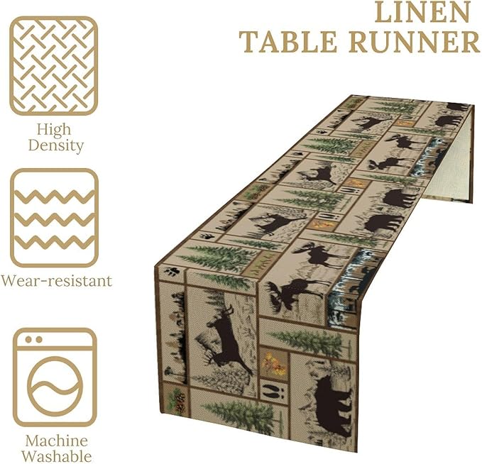 Rustic Cabin Table Runner Forest Bear Deer Wildlife Country Hunting Camping Art Printed Dinner Runner for Home Kitchen Dining Table Decor Fabric 1 Panel W13xL108in