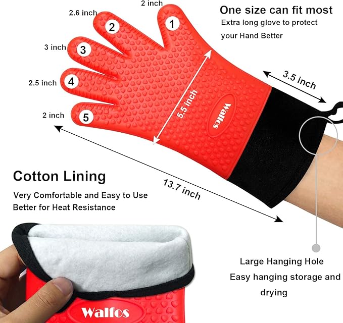 Walfos Silicone BBQ Gloves - Heat Resistant Grilling Gloves Set with Pork Shredder Claws & Brush, Non-Slip Kitchen Silicone Oven Mitt with Protective Cotton Layer, Suit for Indoor & Outdoor, Red