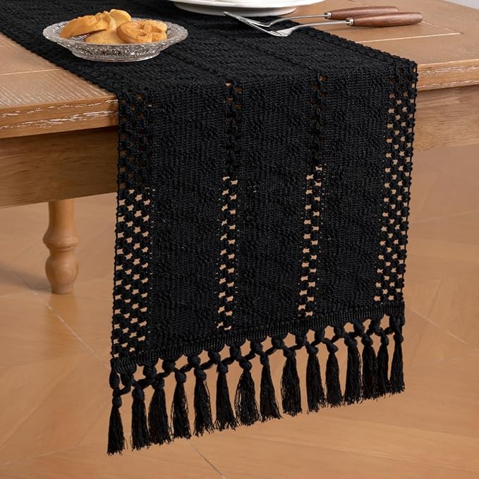 Socomi Boho Table Runner Macrame Easter Spring Farmhouse Woven Cotton Linen Rustic Coffee Table Runner with Tassels for Dresser Scarf Home Decor Dining Room 12x90 inch Black