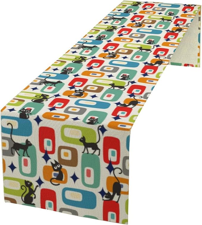 Mid Century Modern Table Runners Cute Black Cat Abstract Geometric for Dining Room Dinner Runner Kitchen Indoor Outdoor Patio Party Decor Fabric 1 Panel W13xL120in