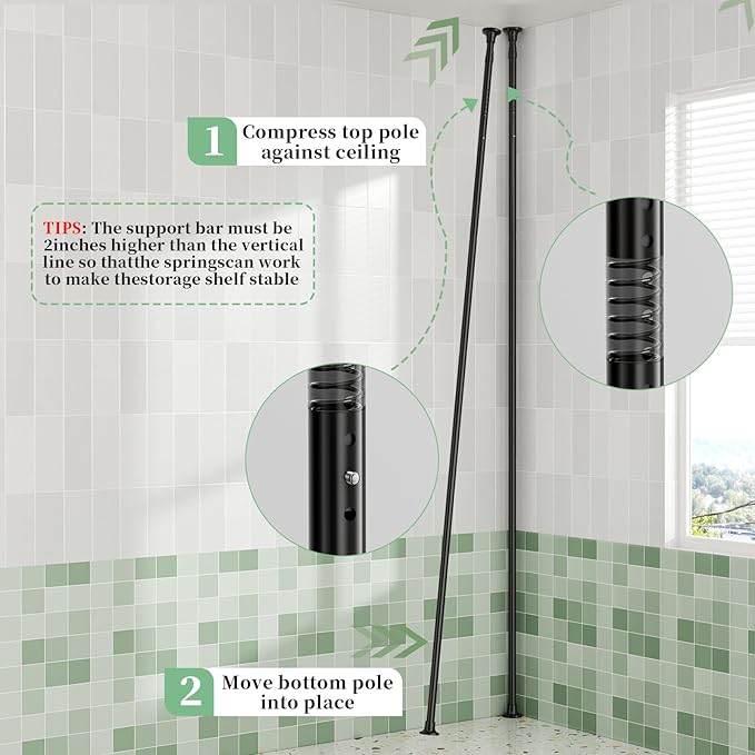 akinbas Tension Pole Shower Caddy Organizer with4 Tier L-Shaped Rust Resistant Bathroom Corner Shelves with 34-124 Inch Adjustable No Drilling Quick Install Shower Rack for Bath Essentials (Black)