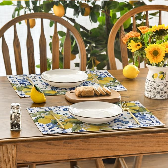 Artoid Mode Lemon Blue and White Porcelain Summer Placemats Set of 4, 12x18 Inch Vanilla Holiday Table Mats for Party Kitchen Dining Decoration