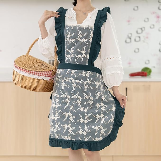 Pinknoke Vintage Pinafore Apron Dress for Women with Pockets Cute Floral Chef Aprons for Kitchen Cooking Baking Gardening