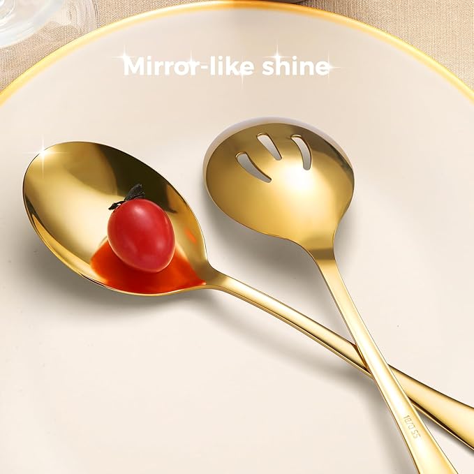 4 Piece Stainless Steel Serving Spoons Set, 10-Inch, Includes 2 Large, 2 Slotted, for Parties/Kitchen/Buffet/Catering, Dishwasher Safe, Gold