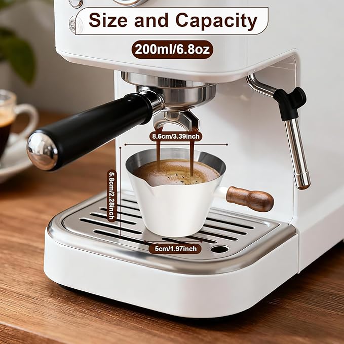 Amrules Espresso Cup, 6.8 oz/200 ml Stainless Steel Coffee Shot Measuring Cup with Wood Handle, Double V-Shaped Mouth and Clear Scale for Cappuccino Barista Coffee Bar Accessories, White