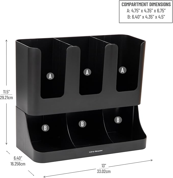 Mind Reader Cup and Condiment Station, 13 Inch Countertop Coffee Bar Organizer with 6 Compartments, Storage Caddy for Cups, Lids and Packets, Plastic, Black