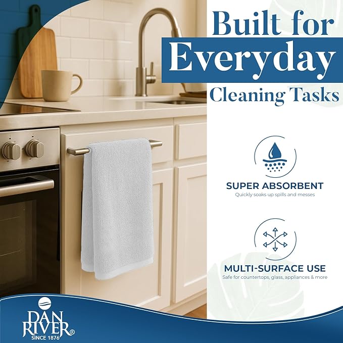 DAN RIVER Kitchen Bar Mops,Pack of 12,16 by 19 Inches,100% Cotton Super Absorbent,Multi-Purpose Cleaning Towels for Home and Kitchen Bars-White