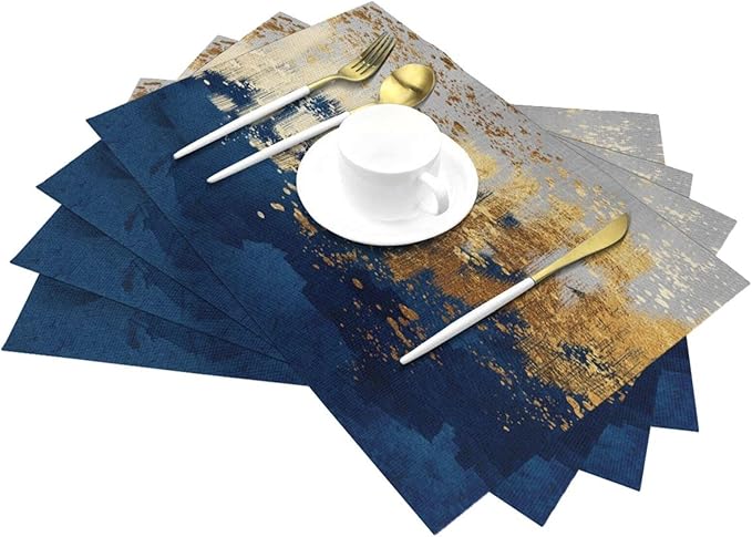 Navy Blue and Gold Splash Patterned Linen Placemats Set of 4, Washable Non-Slip Heat-Resistant Luxury Abstract Blue Gold Table Mats for Kitchen Dining Table Home Party Wedding Farmhouse, Home Decor