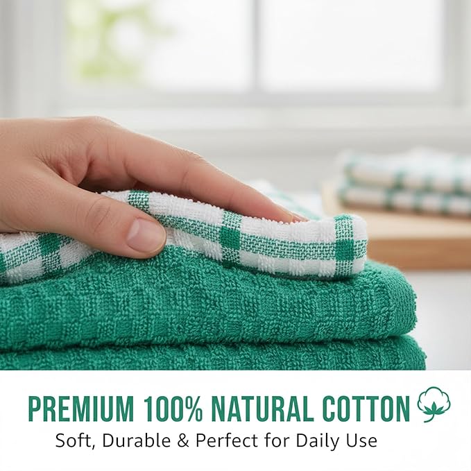 GOLD TEXTILES Kitchen Towels 6 Pack Premium 100% Cotton Dish Towels for Kitchen (15 x 25 Inches) Super Soft & Absorbent Kitchen Hand Towels for Drying Dishes, Cleaning - Reusable and Washable (Green)