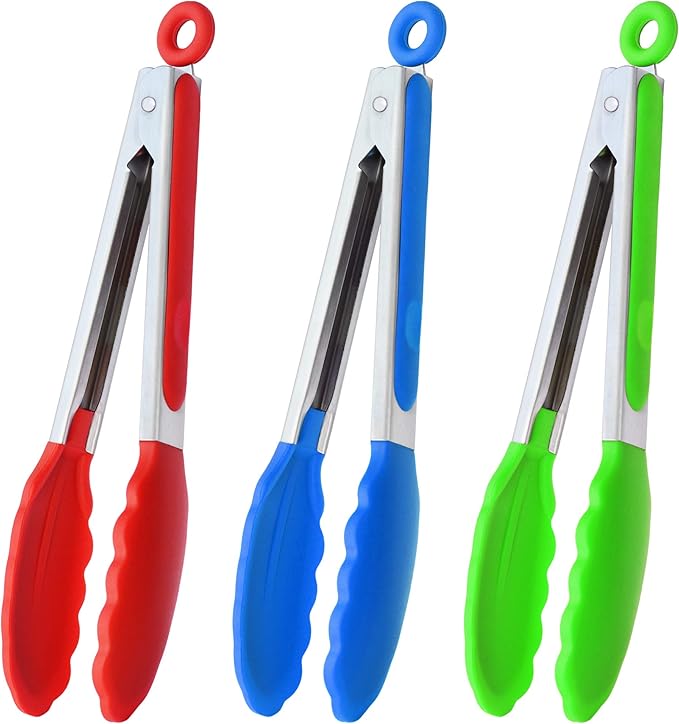 HINMAY 9" Silicone Kitchen Tongs with Silicon tips, Set of 3 (Red Blue Green)